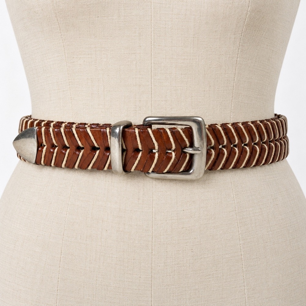 Tommy Bahama Leather Belt 40 Brown Braided Woven Solid Brass Buckle